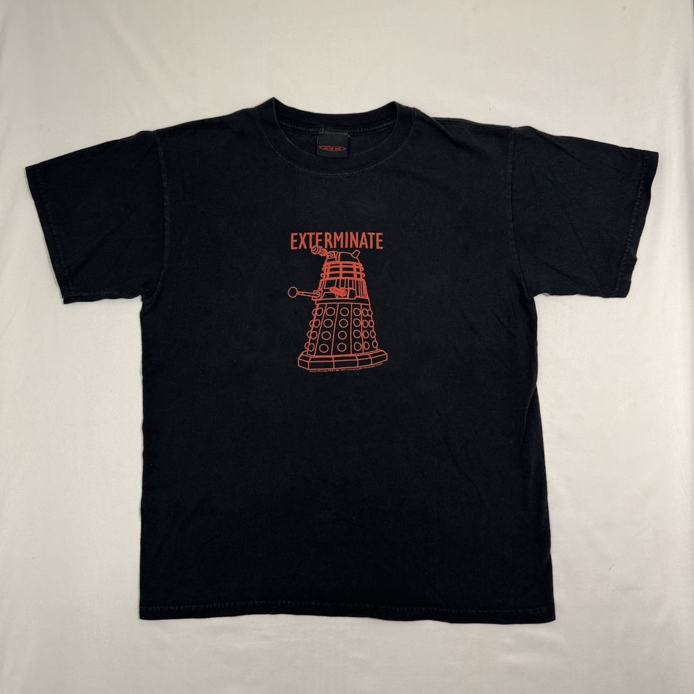 Vintage Doctor Who Exterminate Dalek Graphic Tee Mens Medium Black Y2K